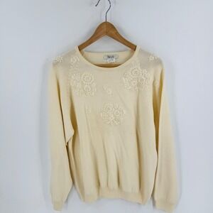 Bleyle Cream Floral Applique Knit Sweater Long Sleeve Pullover Size L Feminine